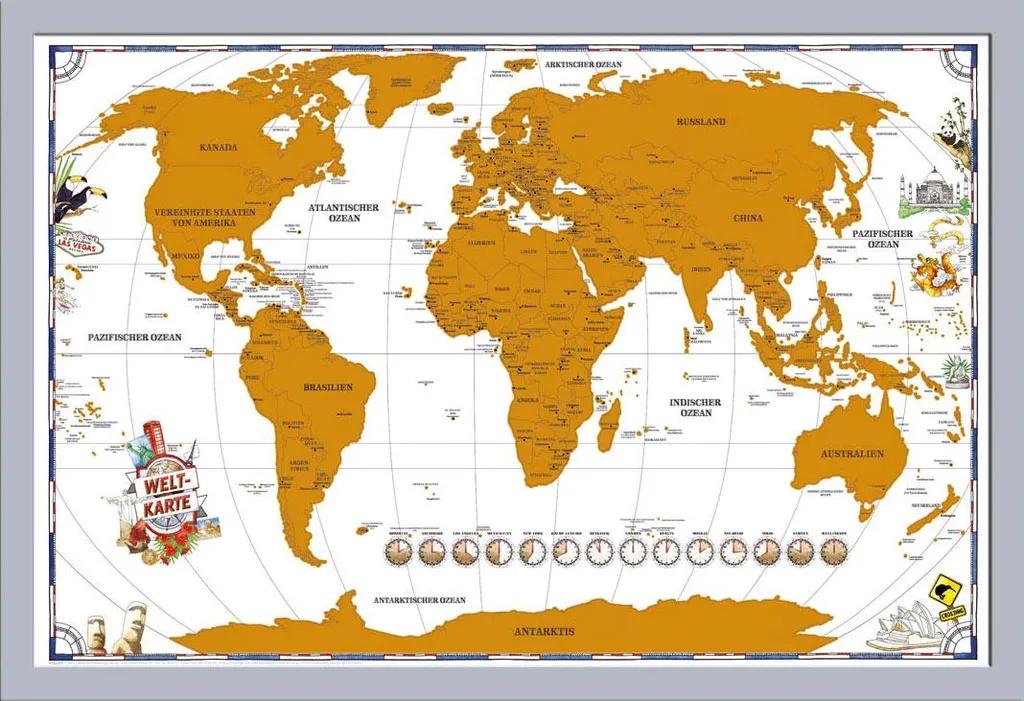 Mappa da grattare - Mappa da grattare - Mappa del mondo politico + cornice rimovibile, Shinsuke® Maxi MDF argento, disco acrilico