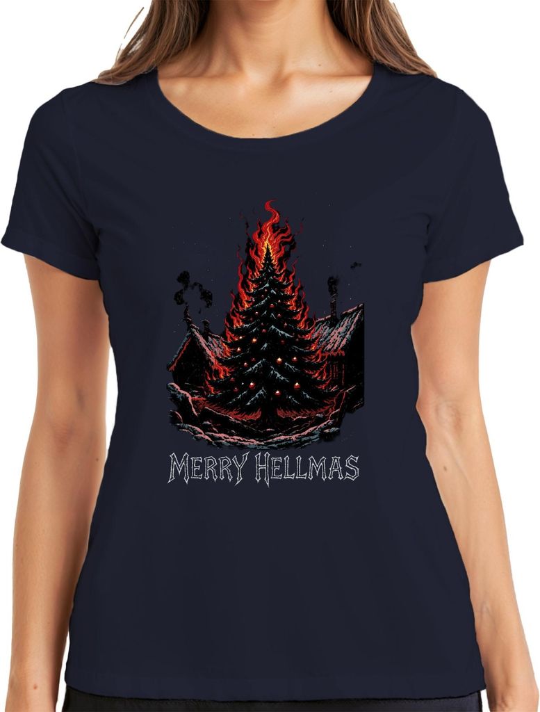 Merry Hellmas brennender Weihnachtsbaum Feuer düster Gothic Damen T-Shirt, Navy, L