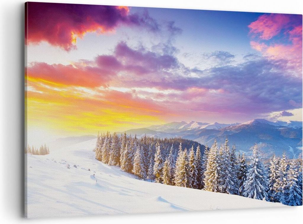 Bild auf Leinwand - Leinwandbild - Berge Schnee Winter - 120x80cm - Wand Bild - Wanddeko - Leinwanddruck - Bilder - Kunstdruck - Wanddekoration - L...