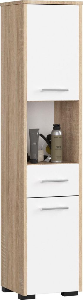 Badezimmerschrank – Badschrank – Badmöbel Schrank – FIN – 30 cm – Sonoma Eiche / Weiß – Platzsparende Aufbewahrung mit Schublade