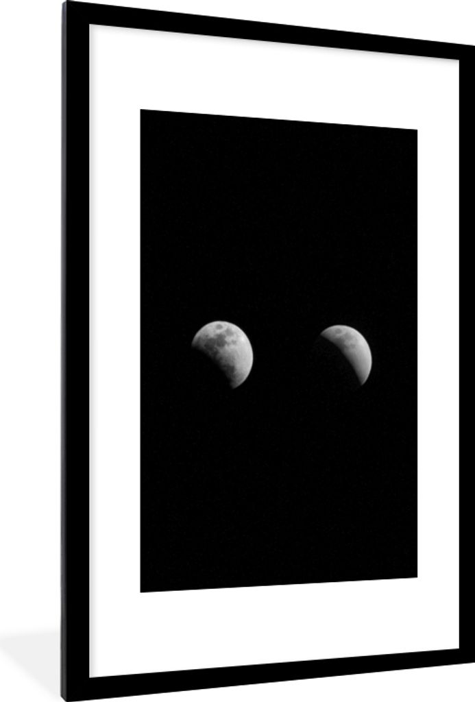 MuchoWow Gerahmtes Poster Schwarz - Weiß - Mond - Mondphase - Weltraum 60x90 cm - Poster mit Schwarzem Bilderrahmen Wandposter Rahmen Foto Bilde...
