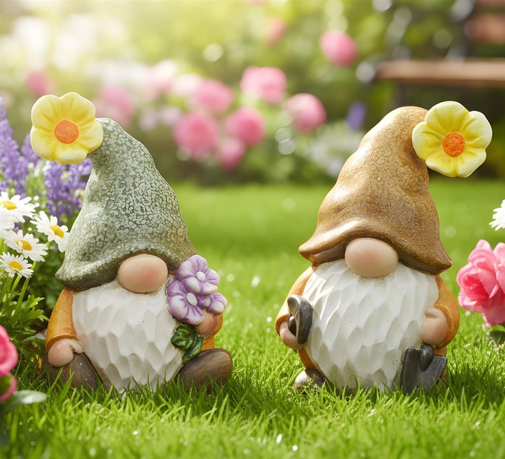 2x Wichtel "Blümchen" aus Polyresin, Gartendeko wetterfest, Produktbild 