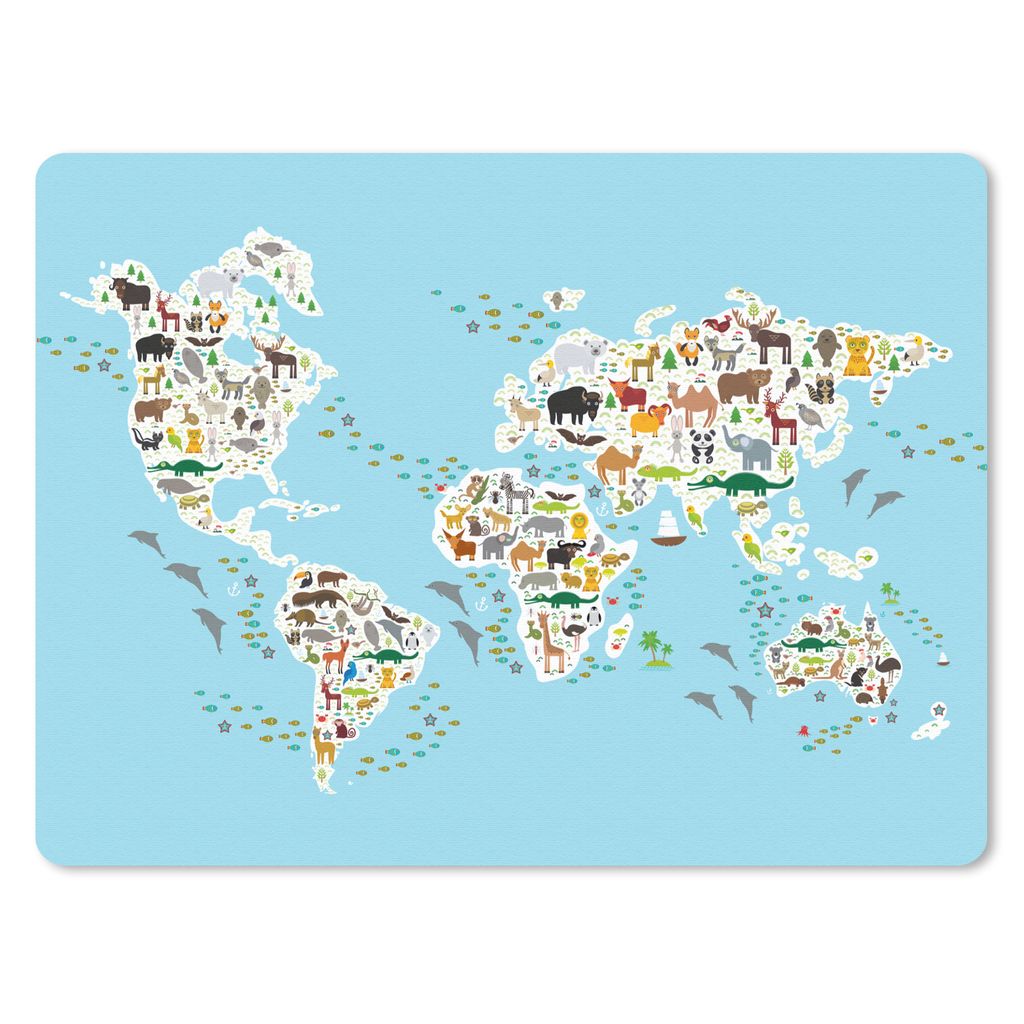 MuchoWow Mauspad Mousepad Weltkarte Kinder - Tiere - Farben 23x19 cm - Mousepads - Maus Mat - Pad - Mausunterlage - Schreibtischunterlage - Mauspad