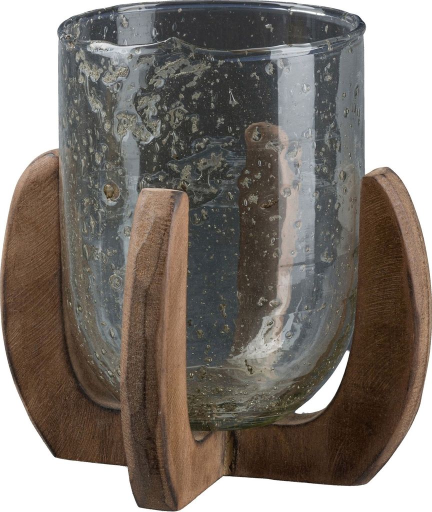 Windlicht - H 16 cm - Grau - Braun - Glas - mit Holzfuß