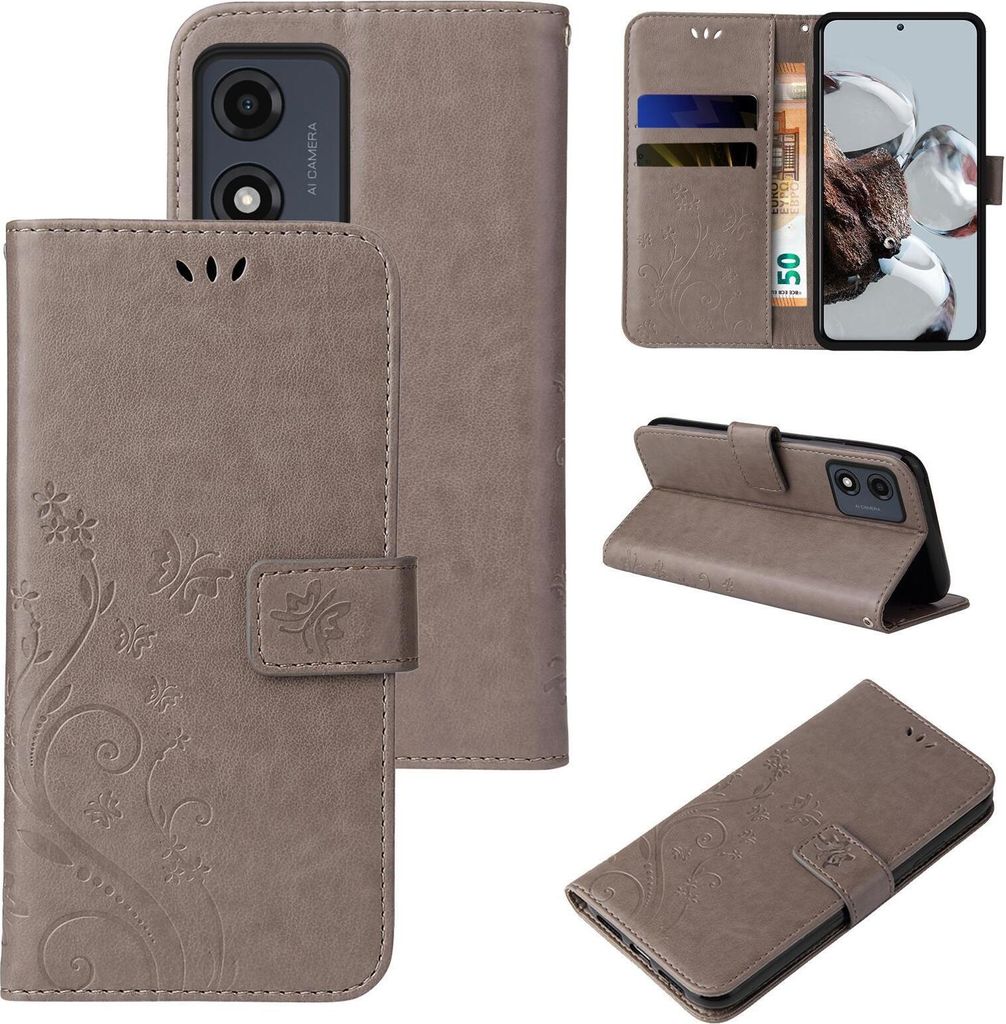Handyhülle für Motorola Moto E13 Floral Blumen Schmetterling Flip Cover Hülle Case Klapphülle Handytasche Farbe: Grau