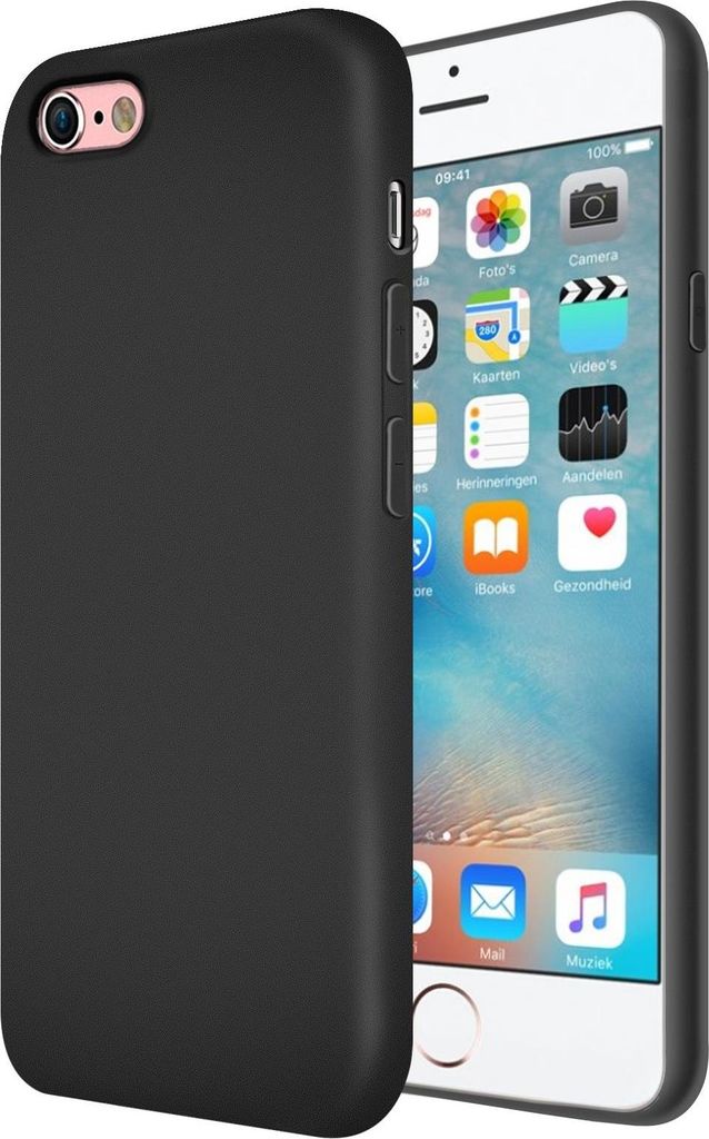 A black silicone phone case is shown next to an iPhone.