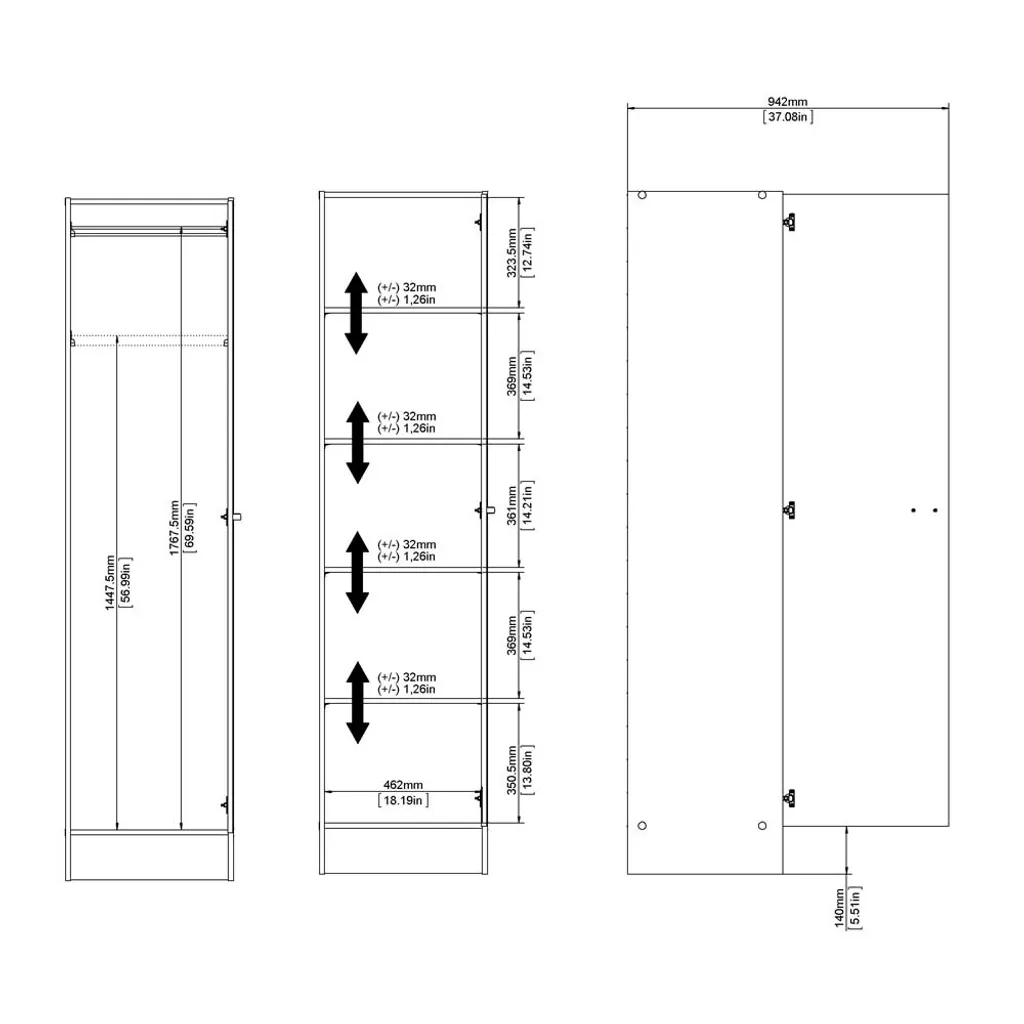 Fox Armoire 1 Porte en Chêne Structuré - Penderie Compacte Design Fox - 22