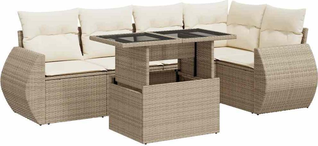vidaXL 6-tlg. Garten-Sofagarnitur mit Kissen Beige Poly Rattan