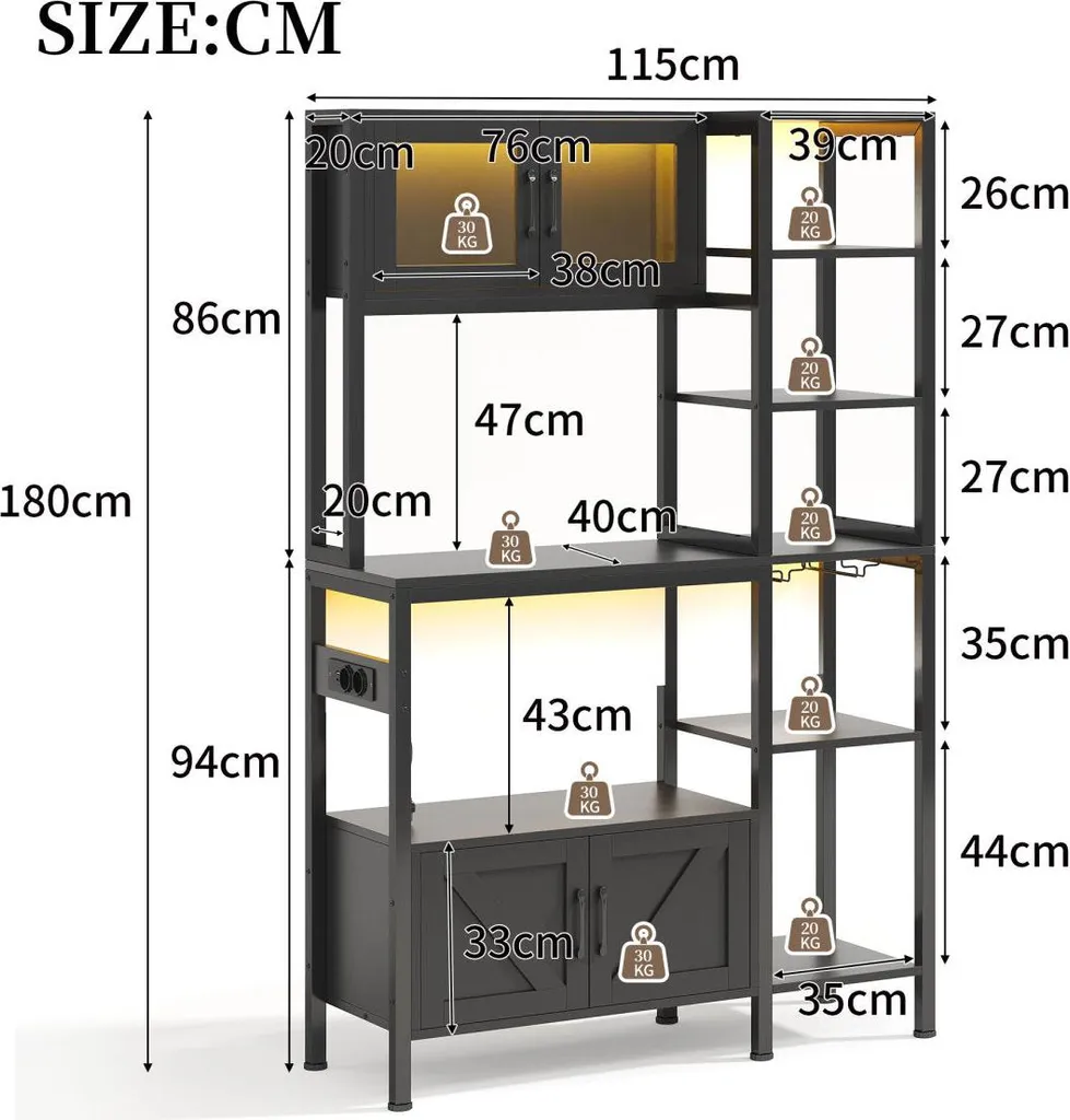 Étagère de cuisine pour micro-ondes 180cm avec prise et LED intégrées