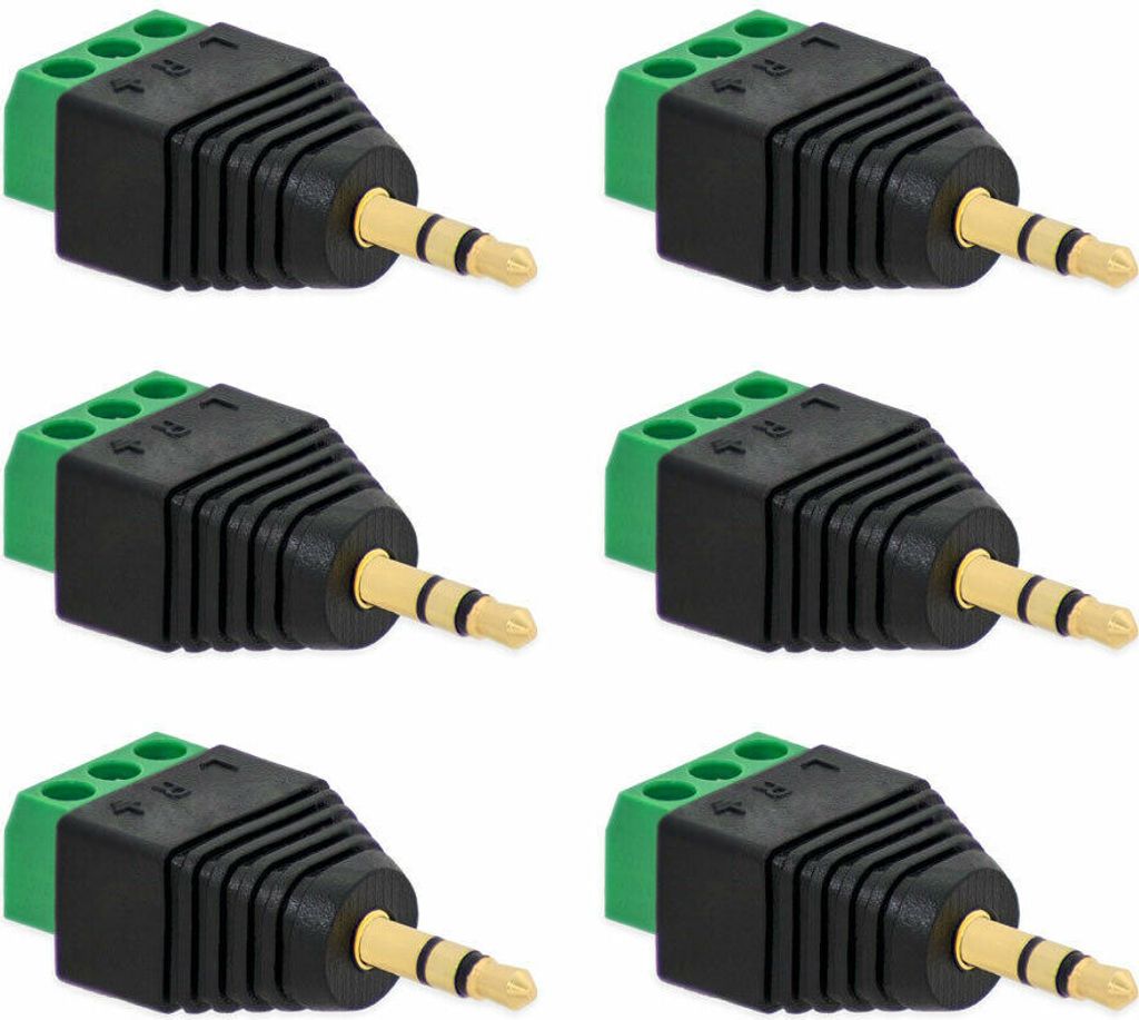 6X Klinken Stecker 3,5 mm Adapter > Terminal Block 3-Pin Schraub Klemmen Vergoldet