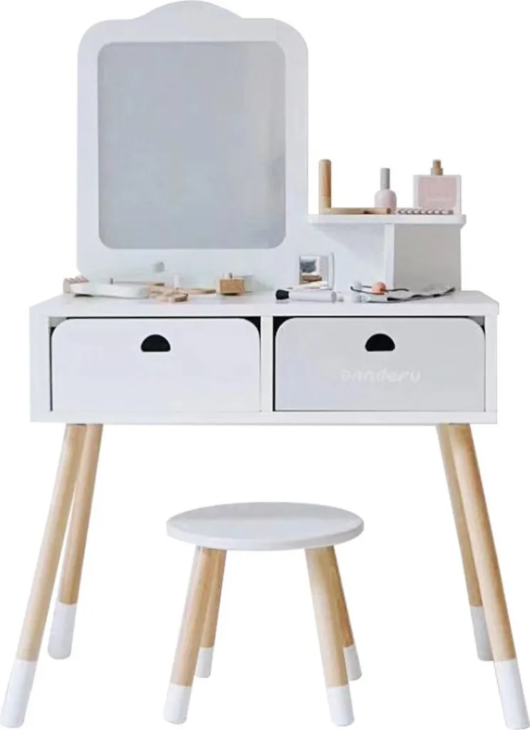 Buxibo Set Maquillage Montessori en Bois avec Tabouret et Miroir Blanc
