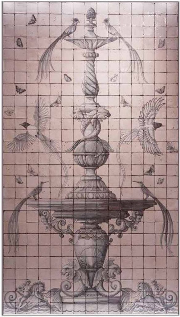 Casa Padrino Luxus Barock Deko Wandgemälde Brunnen & Vögel Rosa / Grau 155 x H. 280 cm - Handgefertigte & Handbemalte Naturstein Mosaik Fliesen -...