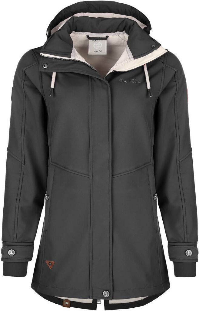 Dry Fashion Damen Softshell-Mantel Wien mit wattiertem Fleece-Innenfutter - Softshelljacke mit abnehmbarer Kapuze in Anthrazit Größe 38
