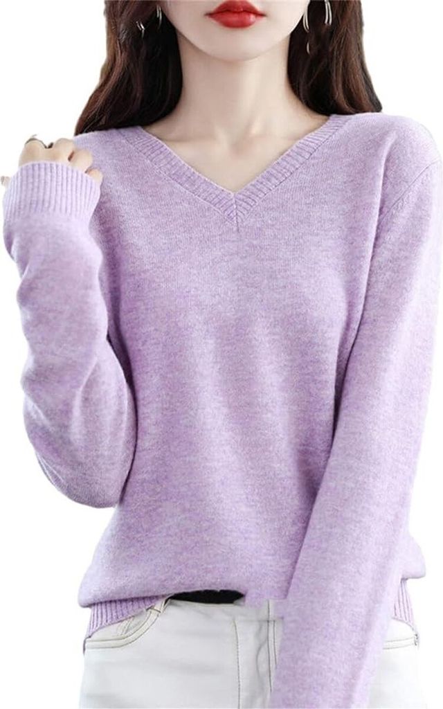 ASKSA Damen Wolle V-Ausschnitt Pullover Leicht Sweater Elegant Strickpullover Slim Fit Warm Pulli Basic Sweatshirt, Helles Lila, 2XL
