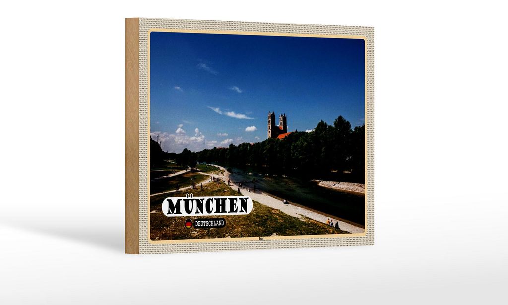 Holzschild Städte München Isar Schloss Fluss 18x12 cm Dekoration