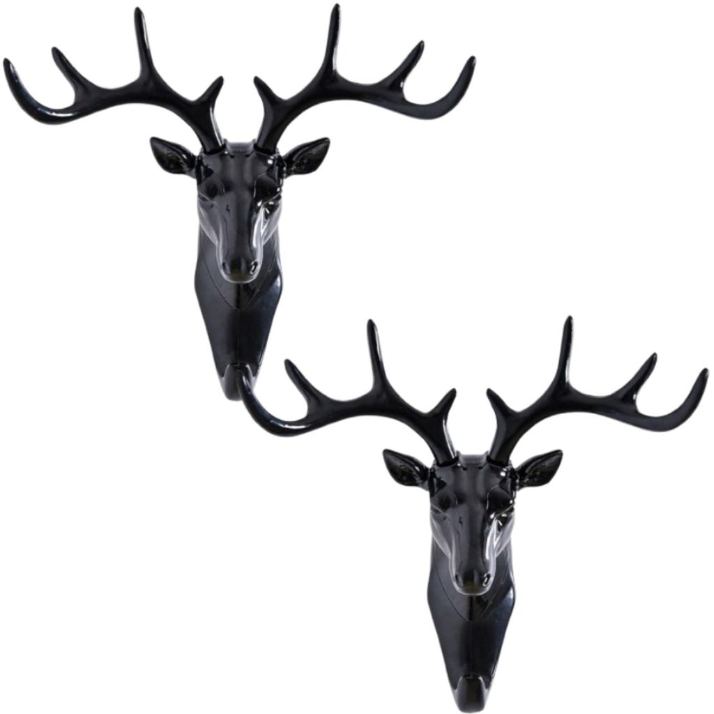 Set aus 2 Hirsch-Wandhaken, wiederverwendbare Kleiderbügel aus Kunststoff mit Geweih, dekorative Tier-Wandhaken, schwarzer Hirsch-Handtuch-, Schl...
