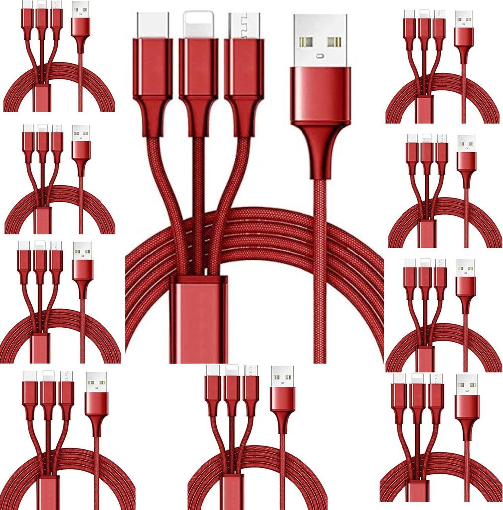 3-in-1 Ladekabel Robustes Mehrfachladekabel mit USB-C Micro und iPhone Anschluss – Rot / 10 Pack