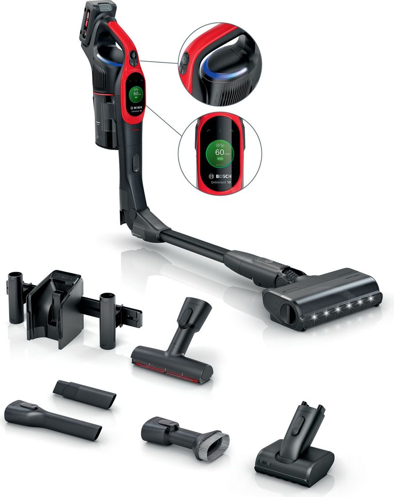 A Bosch cordless vacuum cleaner with various attachments, displayed on a white background.