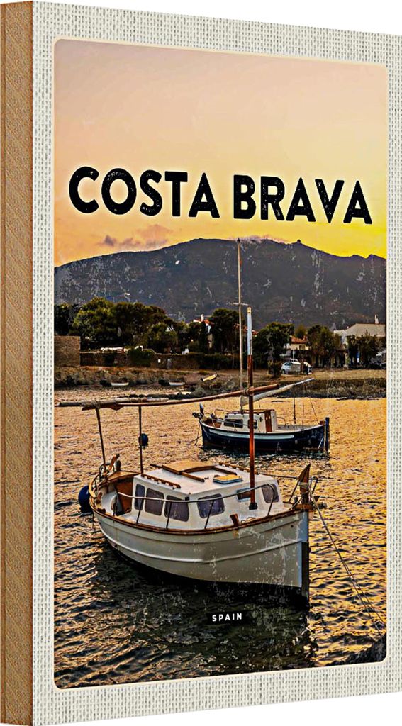 Holzschild Reise 20x30cm Costa Brava Spain Sonnenuntergang Meer