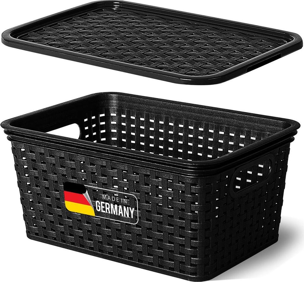 Novaliv Aufbewahrungsbox mit Deckel Klein 5L Korb Schwarz in Rattan Design Lebensmittelecht Aufbewahrungskorb Stapelbox Nestbar Kunststoff BPA-frei...