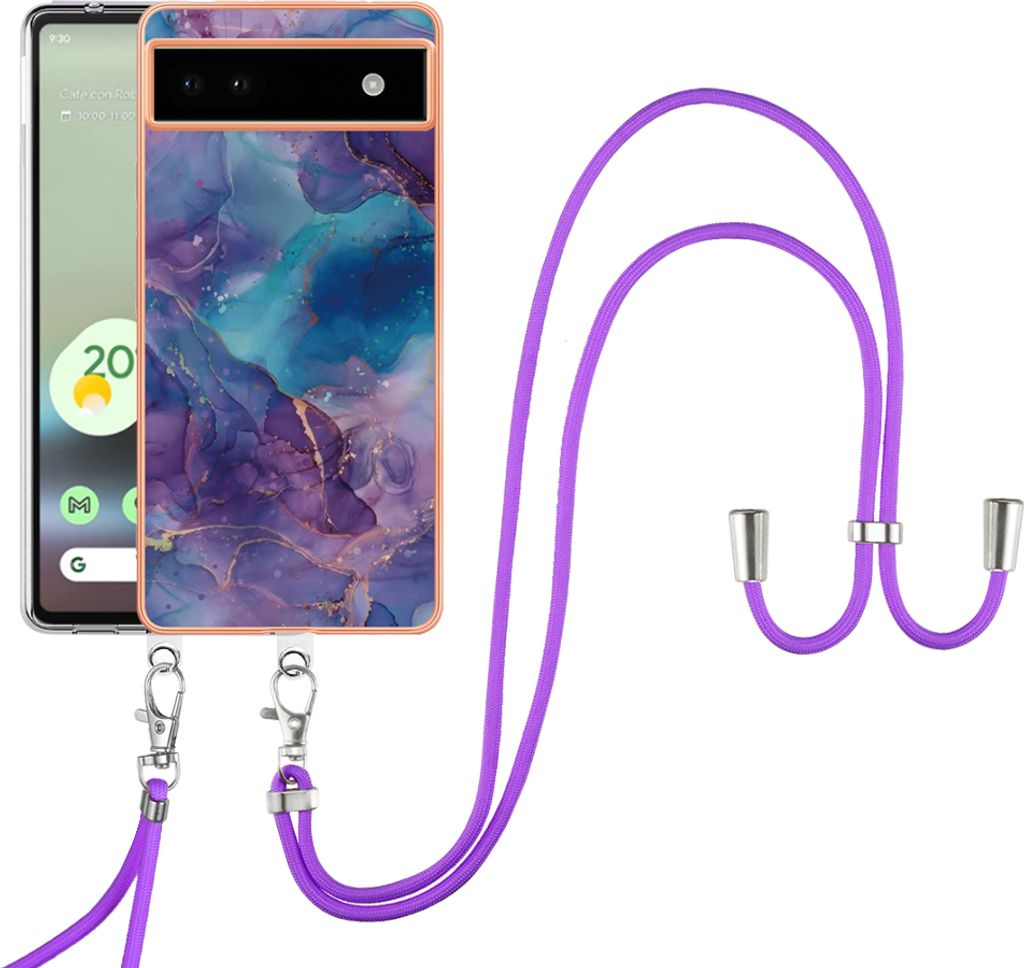 Google Pixel 6A Handykette Hülle, Muster TPU Bumper Schutzhülle mit verstellbarem Tragegurt für Google Pixel 6A Lila
