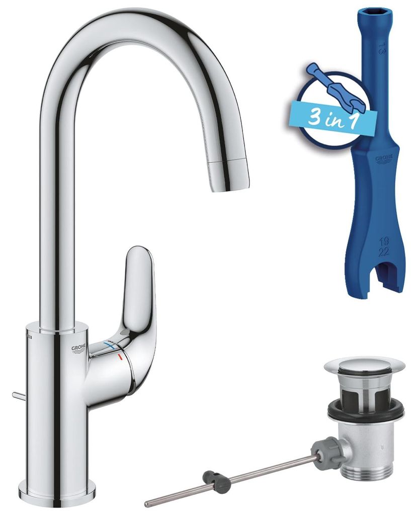 GROHE Swift, Waschtischarmatur hoch, wassersparend (Wasserhahn für das Bad, Badarmatur mit Zugstangen-Ablauf, 31cm hoch, mit 3in1 Werkzeug, einfac...