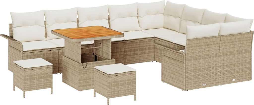Möbel 12-teiliges Garten Sofa Set mit Kissen Beige Poly Rattan Akazie, 3-teiliges Garten Essenset mit Kissen Beige Poly Rattan Akazie, 2-Sitzer Ga...