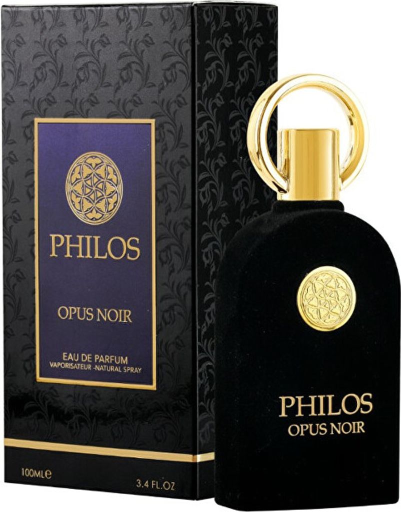 A black bottle of PHILOS OPUS NOIR Eau de Parfum is shown next to its packaging.