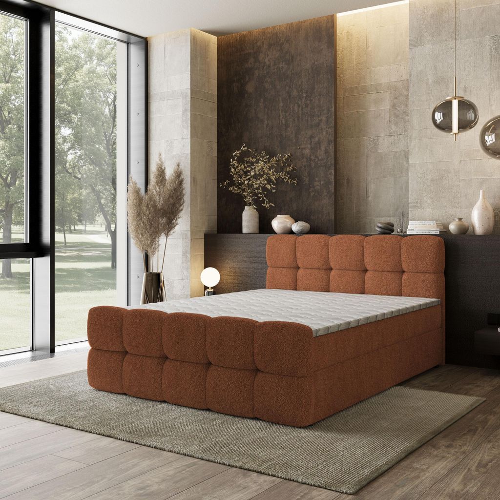 Masseno Boxspringbett BRUME 140x200 cm Komplett-Set mit Bonell Matratze und Topper, Polsterbett mit Bettkästen -Orange, QUELLE 54