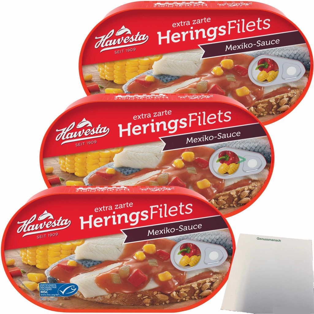 Hawesta Heringsfilets Mexiko-Sauce MSC 3er Pack (3x200g Dose) + usy Block