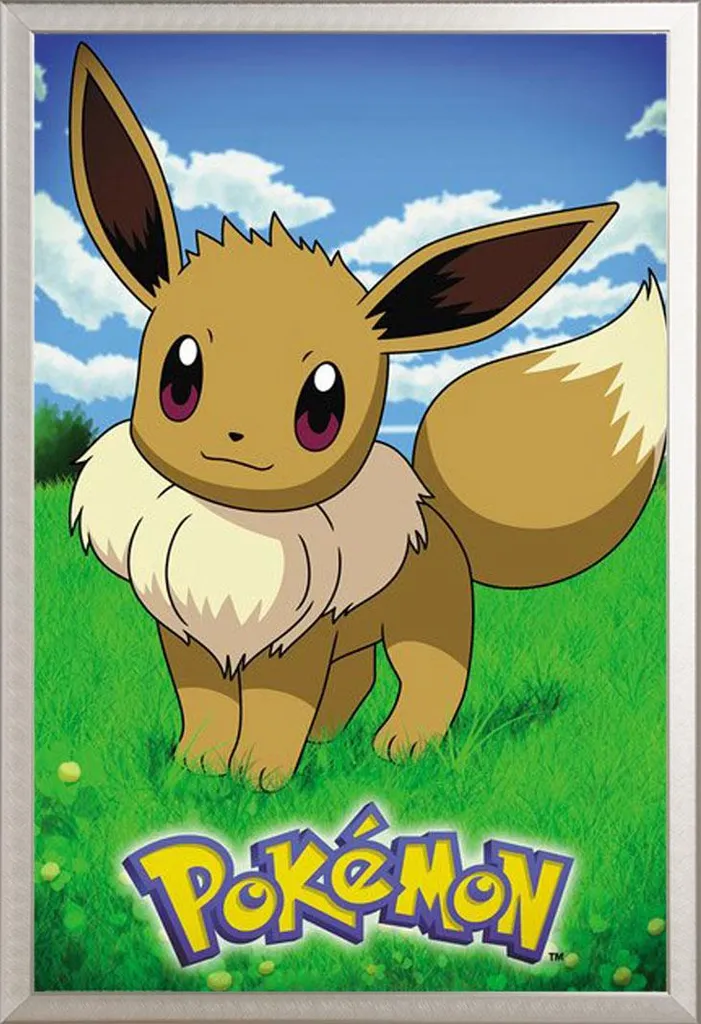 Affiche Pokémon Évoli sous Cadre Aluminium Argenté 61x91.5 cm Maxi