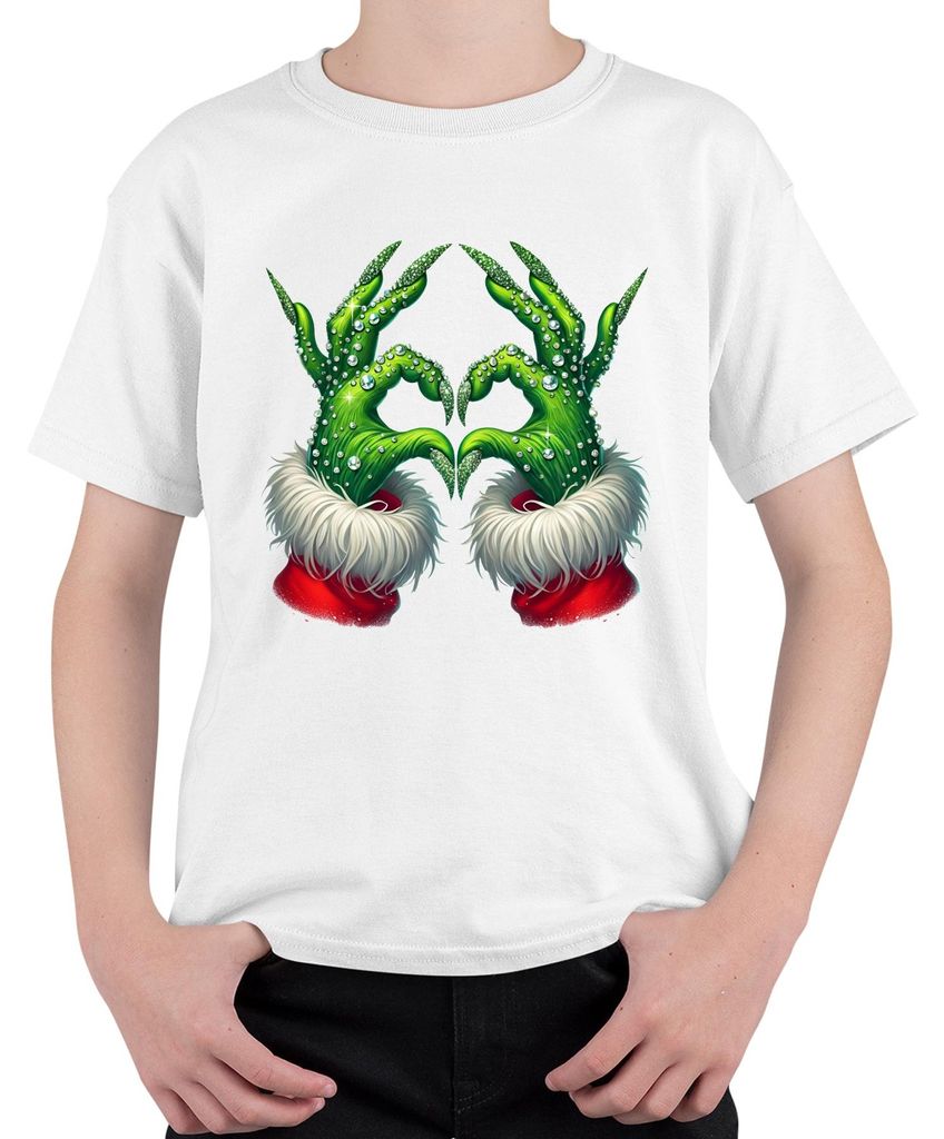 Grinch Hände Herz Weihnachten lustig Geschenk Glitzer Uni Kinder T-Shirt, Weiß, 104