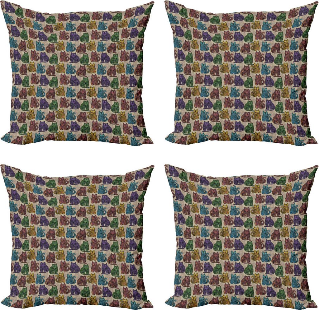 ABAKUHAUS Tätowieren Kissenbezug Set (4 Stück), Bunte Katzen, Moderner Doppelseitiger Digitaldruck, 40 cm x 40 cm, Mehrfarbig