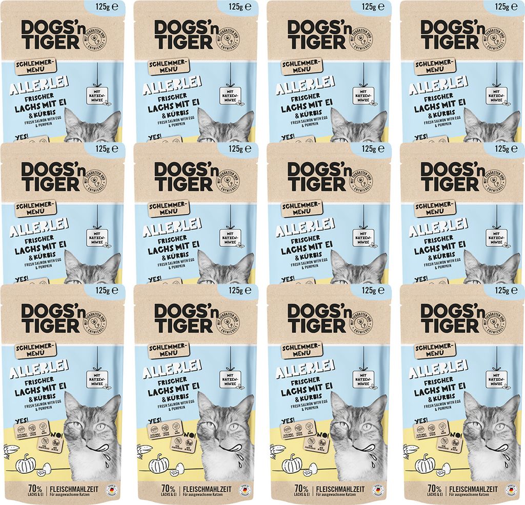 Dogs’n Tiger Adult Nassfutter für Katzen, Katzenfutter, Allerlei, Lachs, Ei & Kürbis, 12x 125g