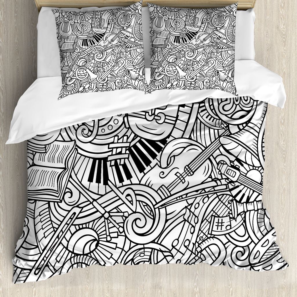 ABAKUHAUS Musik Bettbezug Set für Einzelbetten, Chaotische Doodle Musical, Milbensicher Allergiker geeignet mit Kissenbezug, 200 cm x 200 cm - 80 ...