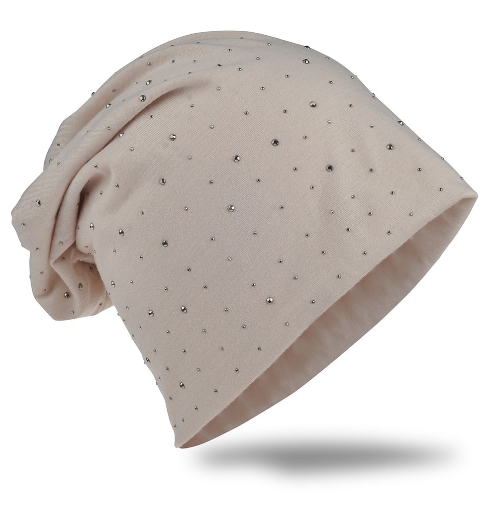 Beanie Muetze Strass Nieten Beige Produktbild 