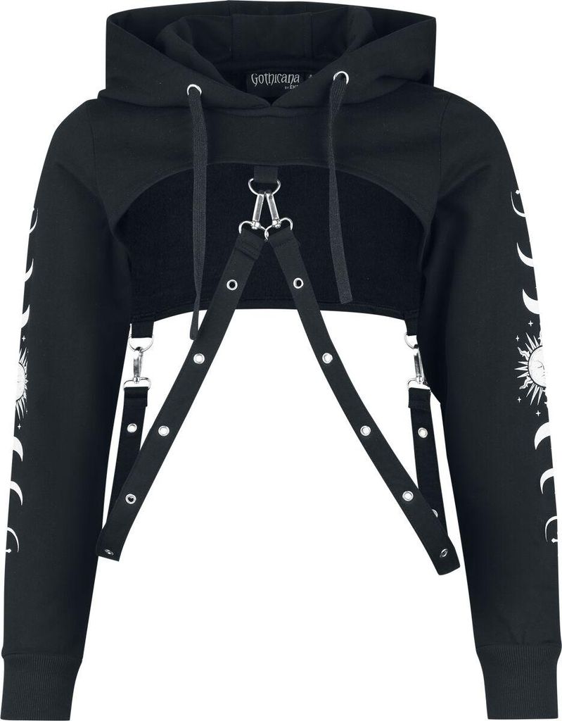Gothicana by EMP Damen schwarzer Cropped Hoodie mit Harness-Details und Sonne-Mond-Print M
