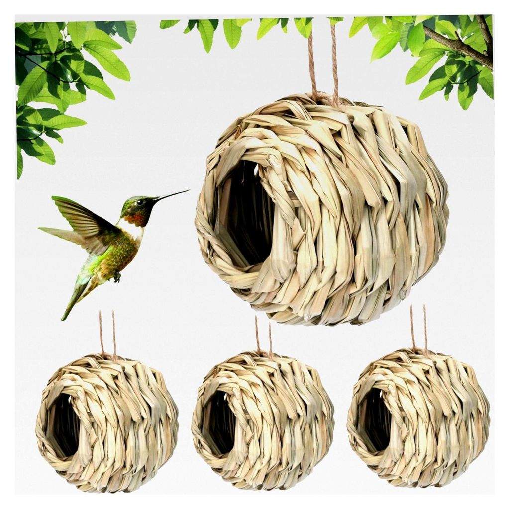 Kolibri-Häuser für den Außenbereich, 4 Stück, aus Gras gewebtes Vogelhaus, hängendes Nest mit Hängeseil, Vogelhütte für Terrasse, Rasen, Ga...