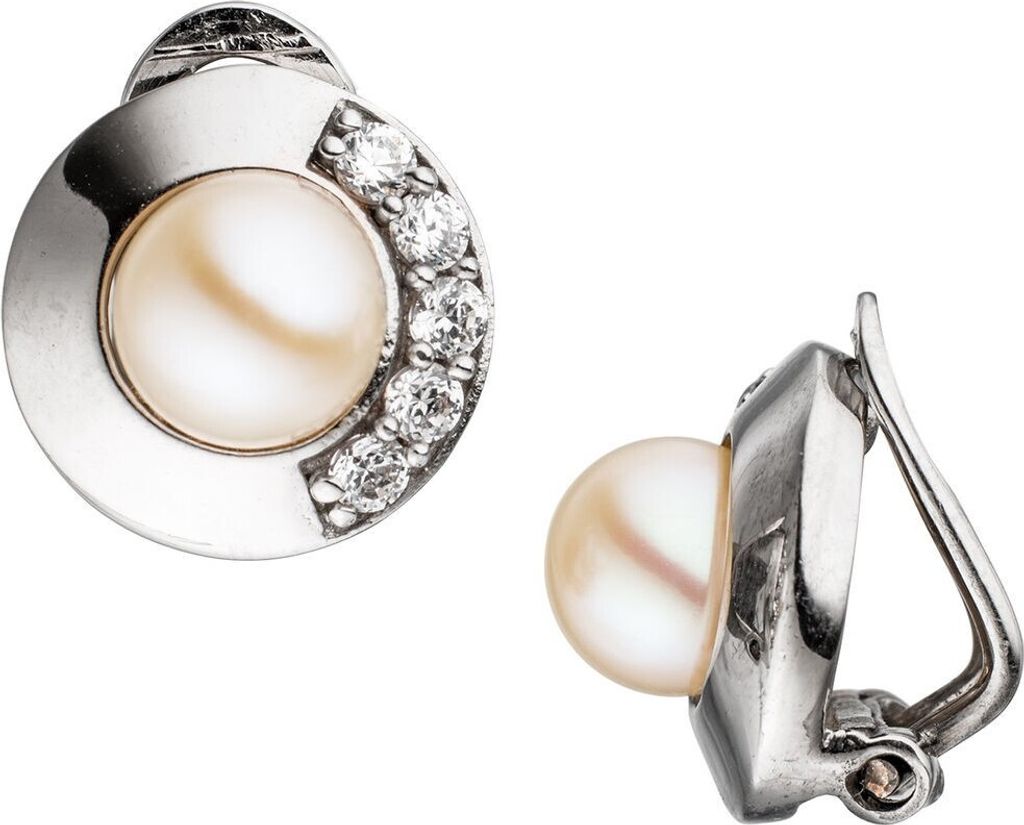 Paar Ohrclips Clips mit Süßwasser-Zuchtperlen & Zirkonia am Rand 925 Silber