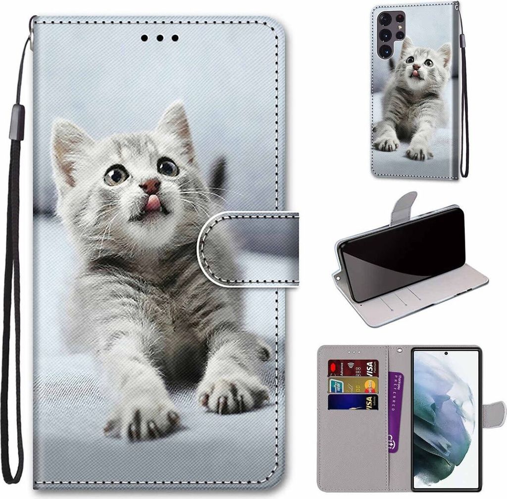 König Design Hülle kompatibel mit Samsung Galaxy S22 Ultra 5G Kunstleder Handyhülle - Handy Case Kleine graue Katze