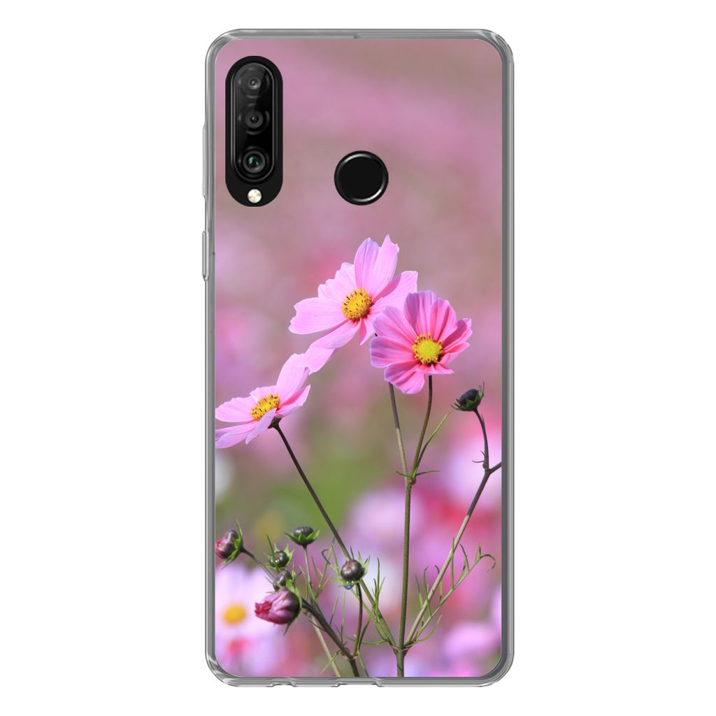 MuchoWow Handyhülle Schutzhülle Hülle für Huawei P30 Lite Blumen - Draußen - Rosa Silikon Softcase Handy Hülle - Handyhülle