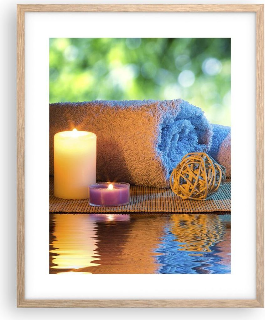 Gerahmtes Poster - Rahmen in heller Eiche - Natur Entspannung Spa Kerzen - 40x50 cm - Wand Bild - Wanddeko - Wandbilder - Wandposter - Bilderrahmen...