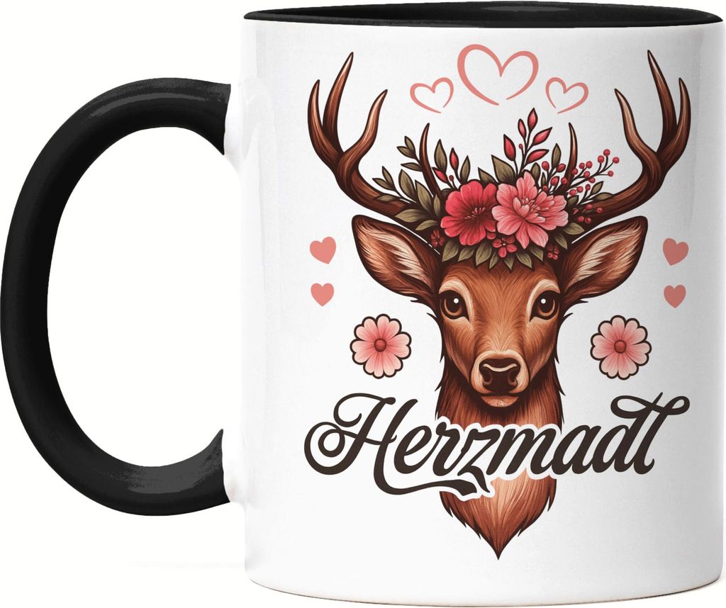 Herzmadl Tasse Schwarz – Eleganter Hirsch Becher mit Herzmadl Schriftzug