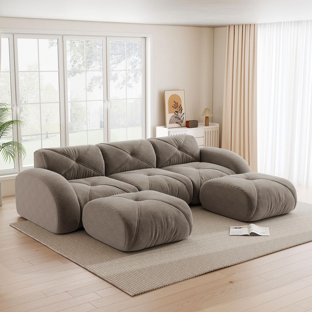 Chenille-Dreisitzer-Modulsofa U-Form, mit 2 Hockern, rahmenlos, 281 x 171 x 76 cm, Taupe
