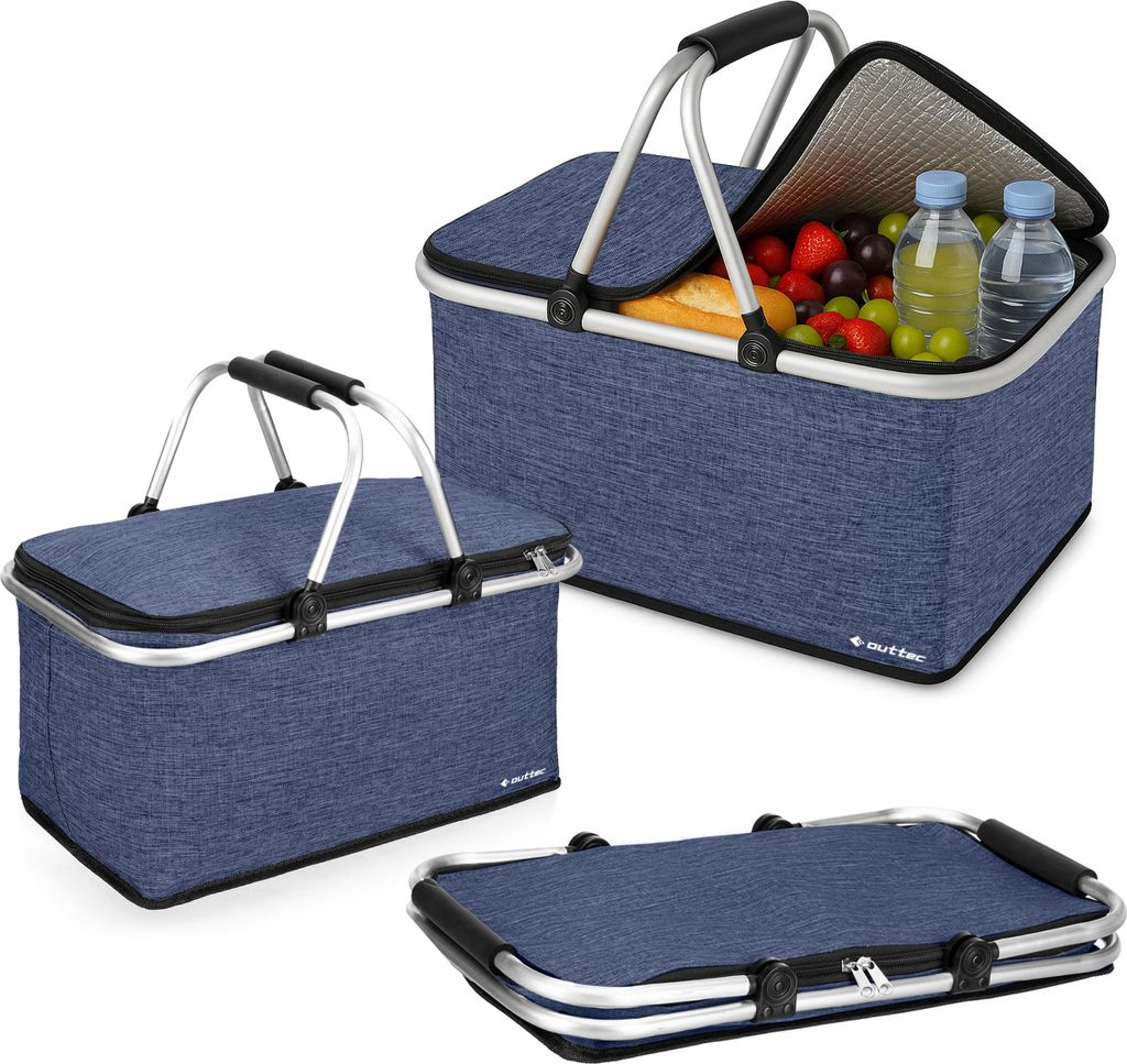 A collage of three images showing a blue picnic basket in different states: closed, open with food and drinks, and folded flat.