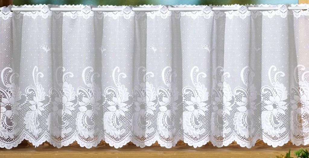 Heimtexland Gardine Scheibengardine mit handgebogter Bordüre aus edlem Jacquard Vorhang Stangendurchzug Weiß White Blumenmuster Bistrogardine ...