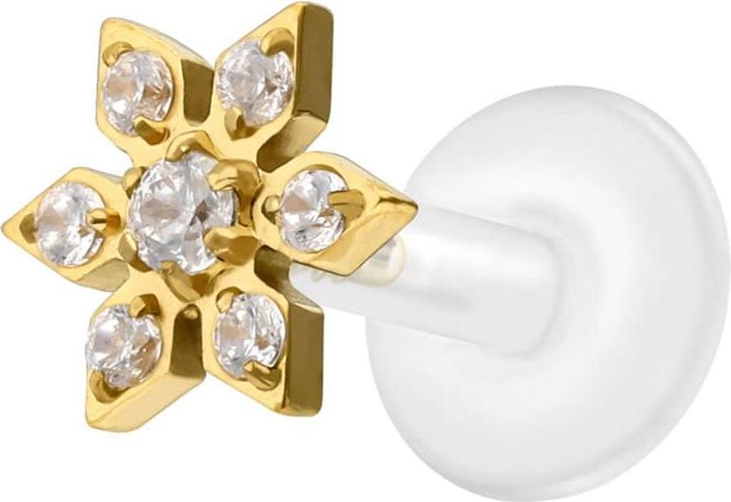 Ohrpiercing, Nasenpiercing PTFE Labret mit Innengewinde + Titan-Aufsatz KRISTALLBLUME Gold Stablänge: 5mm | Stabstärke: 1,2mm