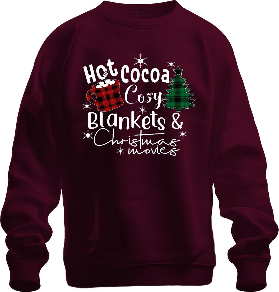Hot Cocoa Cozy Blankets Christmas movies plaid mug snowflake Uni Sweatshirt Pullover, Burgundy, L