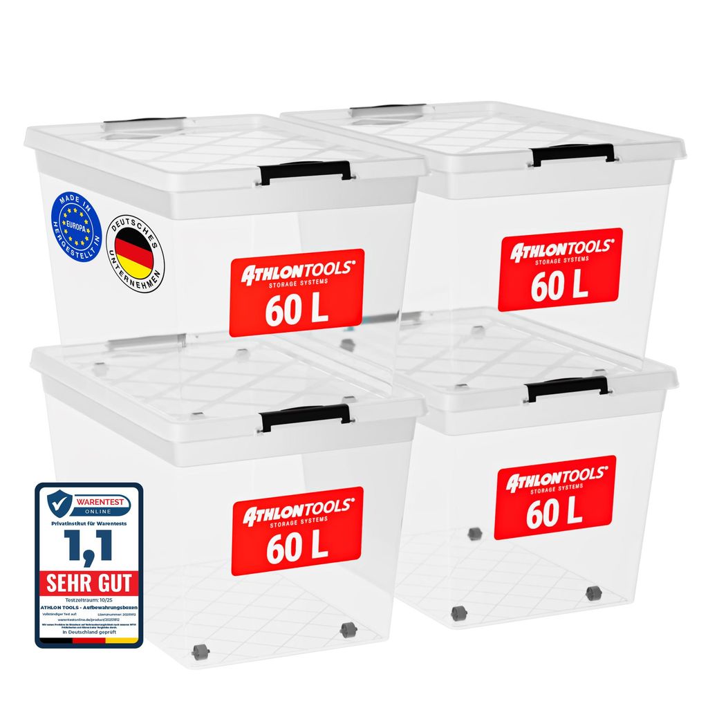 ATHLON TOOLS 4x 60 L Aufbewahrungsboxen mit Deckel, Produktbild 