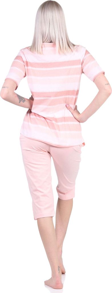 Damen Capri Schlafanzug kurzarm Pyjama im farbenfrohen Streifen Look - 122 204 90 464 ; rosa , 36